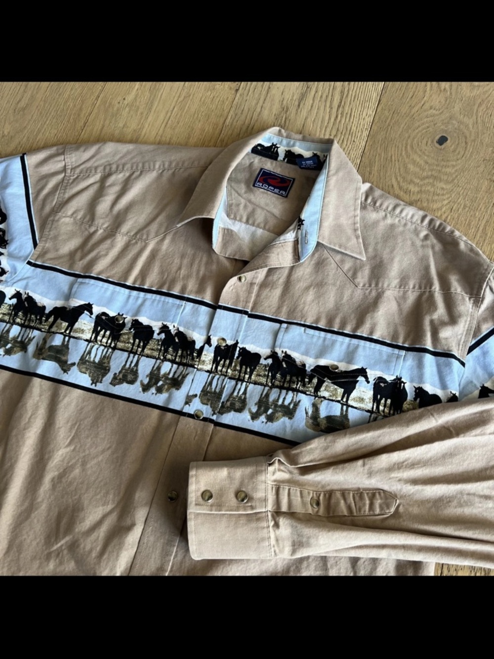 Vintage Roper Men's Wrap Around Horse Brush Popper Snap Shirt L Cowboy Western